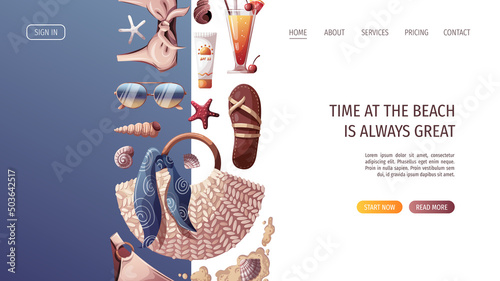 Swimsuit, sandals, rattan bag, seashells, sunscreen, cocktail. Beach Holidays, Summer vacation, Leisure, Recreation concept. Vector Illustration.