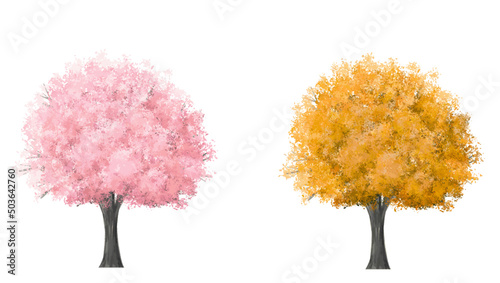 Vector set of blooming tree and flower side view isolated on white background for landscape  and architecture drawing, elements for environment and garden,botanical