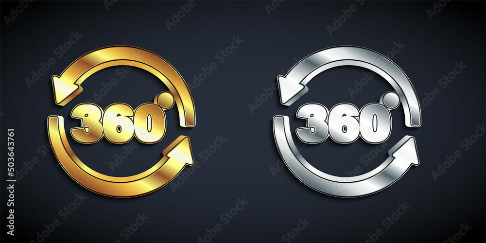 Gold and silver 360 degree view icon isolated on black background. Virtual reality. Angle 360 degree camera. Panorama photo. Long shadow style. Vector Gold and silver 360 degree view icon isolated on black background. Virtual reality. Angle 360 degree camera. Panorama photo. Long shadow style. Vector