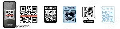 QR code frame vector set and scanning phone. Scan me phone tag. Template of QR code for mobile app, payment, smartphone, pda, mobile phone. Vector illustration. Electronic, barcode, digital technology