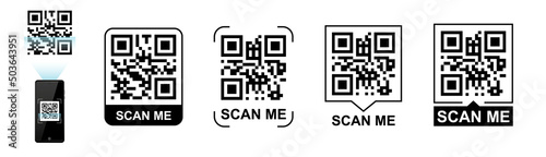 QR code frame vector set and scanning phone. Scan me phone tag. Template of QR code for mobile app, payment, smartphone, pda, mobile phone. Vector illustration. Electronic, barcode, digital technology