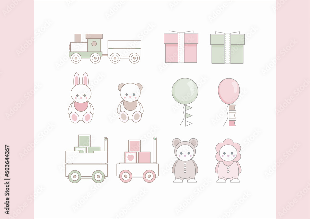 Baby shower set with little baby girl or boy, decor, furniture, toys, and accessories for newborn.