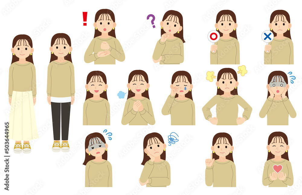 スウェットを着た女性表情色々セット_線なし スウェットを着た女性表情色々セット_線なし