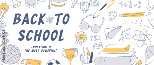 Welcome back to school vector background. Cute hand drawn wallpaper with school stuffs, objects, book, pencil, pen in doodle style. Adorable banner design for education, prints, covers, kids.