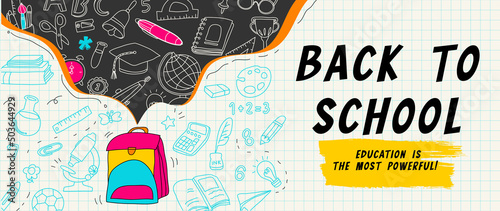 Welcome back to school vector background. Cute hand drawn wallpaper with school stuffs, objects, book, pencil, pen in doodle style. Adorable banner design for education, prints, covers, kids.