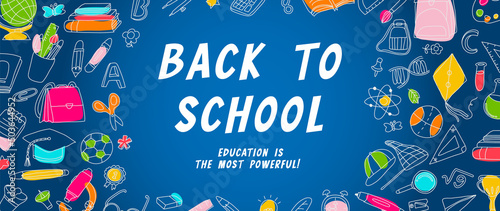 Welcome back to school vector background. Cute hand drawn wallpaper with school stuffs, objects, book, pencil, pen in doodle style. Adorable banner design for education, prints, covers, kids.
