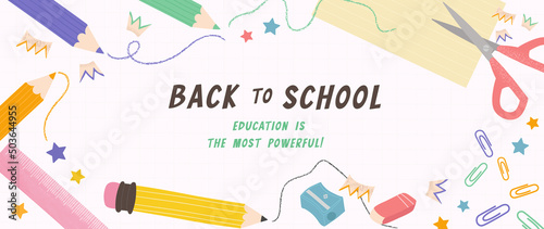 Welcome back to school vector background. Cute hand drawn wallpaper with school stuffs, objects, book, pencil, pen in doodle style. Adorable banner design for education, prints, covers, kids.