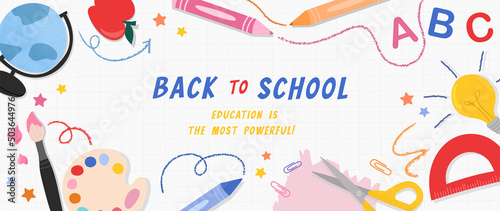 Welcome back to school vector background. Cute hand drawn wallpaper with school stuffs, objects, book, pencil, pen in doodle style. Adorable banner design for education, prints, covers, kids.