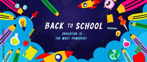 Welcome back to school vector background. Cute hand drawn wallpaper with school stuffs, objects, book, pencil, pen in doodle style. Adorable banner design for education, prints, covers, kids.