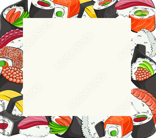 Japanese cuisine, set food. for restaurant menus and posters.   delivery sites vector flat illustration isolated on white frame background. sushi rolls onigiri soy sauce set. stock picture.