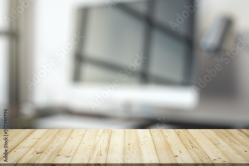 Blank wooden office desk with light workplace with laptop on background, mockup © Pixels Hunter