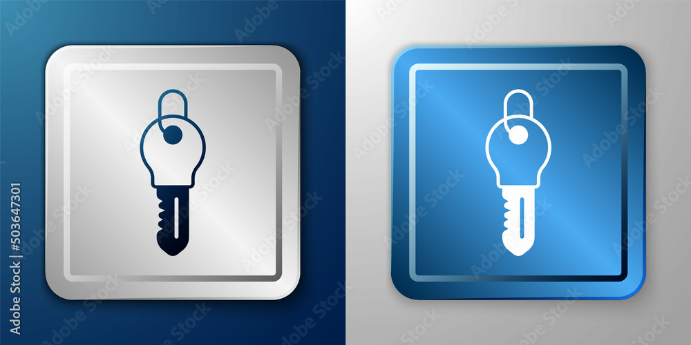 White Key icon isolated on blue and grey background. Silver and blue square button. Vector