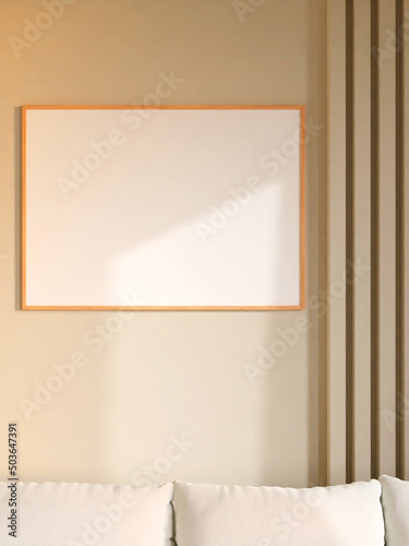 Modern and minimalist horizontal wooden poster or photo frame mockup on the wall in the living room. 3d rendering.