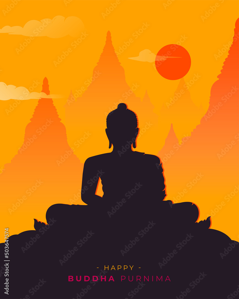 Happy Buddha Purnima, Vesak Day wishes greetings with a buddha vector silhouette. Can be used for posters, banners, greetings, and print design. 
 - obrazy, fototapety, plakaty 