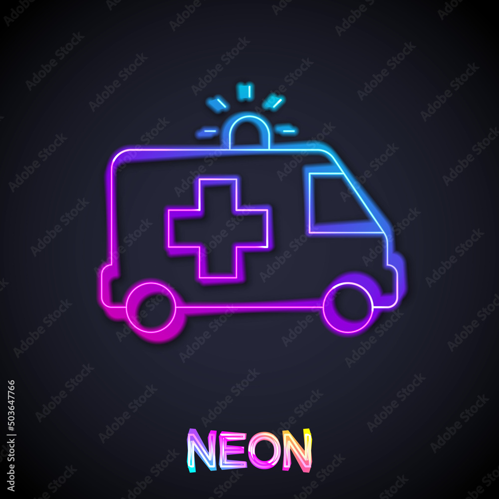 Glowing neon line Ambulance and emergency car icon isolated on black background. Ambulance vehicle medical evacuation. Vector