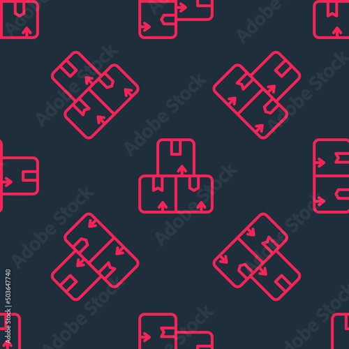 Red line Carton cardboard box icon isolated seamless pattern on black background. Box, package, parcel sign. Delivery and packaging. Vector © Iryna