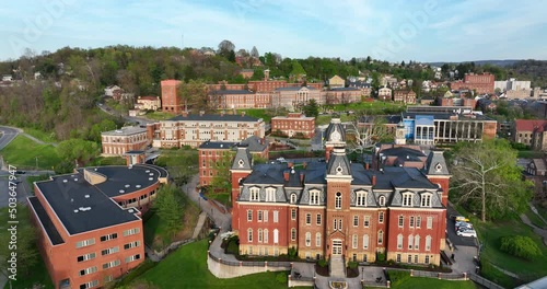 Woodburn Hall and West Virginia University downtown campus buildings. WVU college life establishing aerial shot. photo