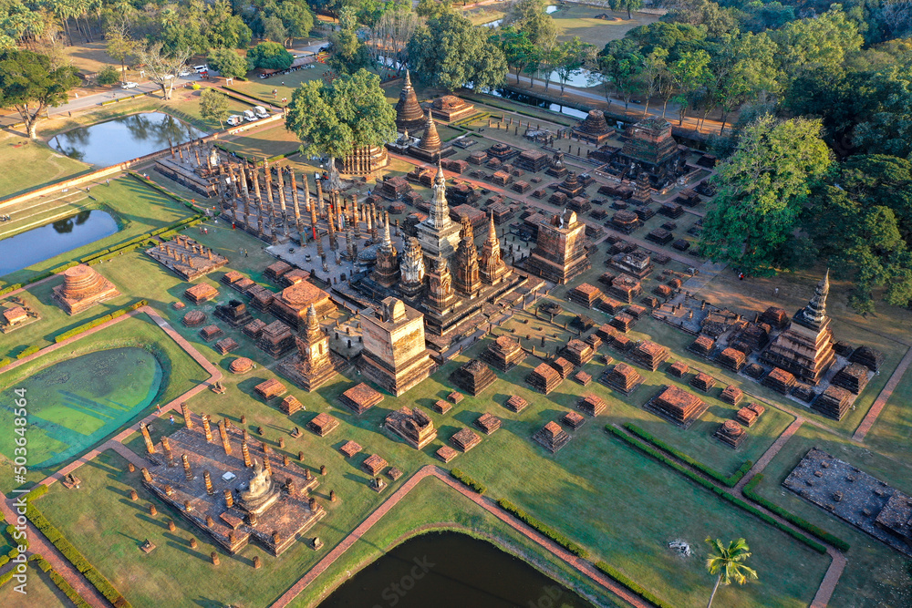 Aerial view of Wat Mahathat buddha and temple in Sukhothai Historical Park Aerial view of Wat Mahathat buddha and temple in Sukhothai Historical Park