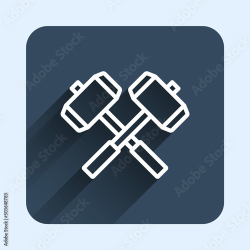 White line Medieval crossed battle hammers icon isolated with long shadow background. Blue square button. Vector