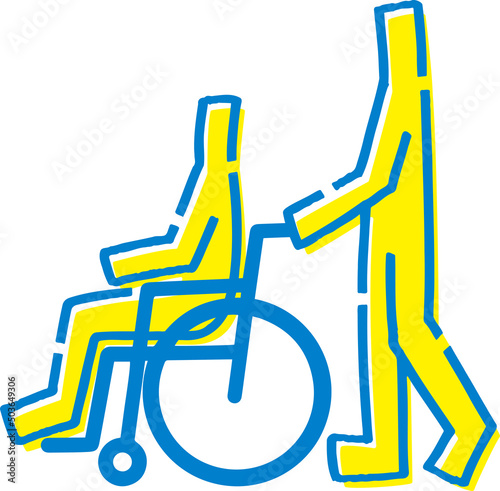 車椅子を利用する人と介助する人。手描きの棒人間。