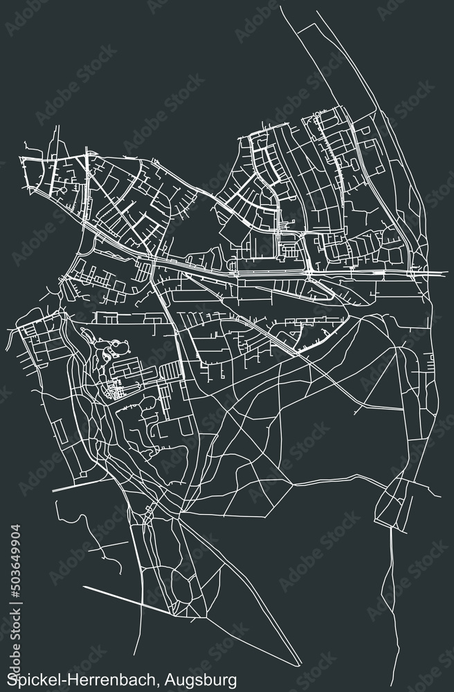 Detailed negative navigation white lines urban street roads map of the SPICKEL-HERRENBACH BOROUGH of the German regional capital city of Augsburg, Germany on dark gray background