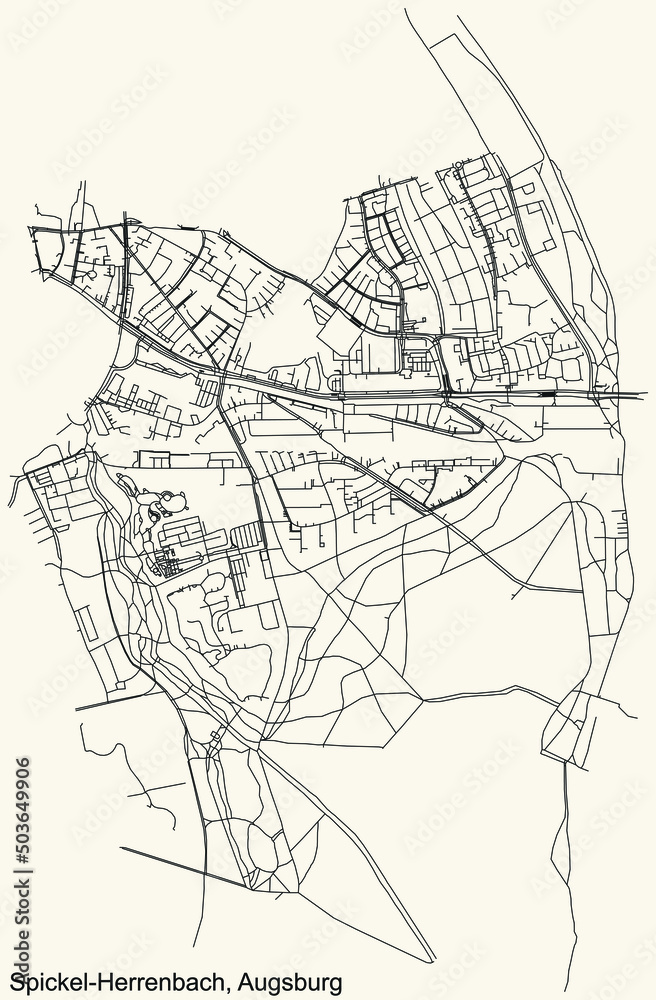 Detailed navigation black lines urban street roads map of the SPICKEL-HERRENBACH BOROUGH of the German regional capital city of Augsburg, Germany on vintage beige background