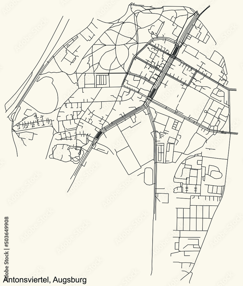 Detailed navigation black lines urban street roads map of the ANTONSVIERTEL BOROUGH of the German regional capital city of Augsburg, Germany on vintage beige background