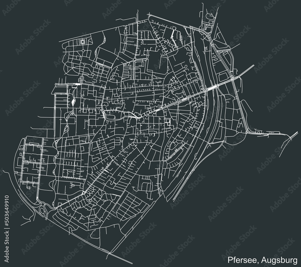 Detailed negative navigation white lines urban street roads map of the PFERSEE BOROUGH of the German regional capital city of Augsburg, Germany on dark gray background