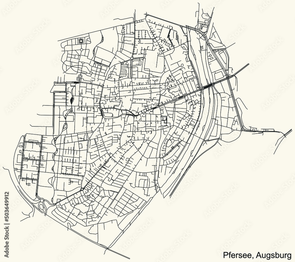 Detailed navigation black lines urban street roads map of the PFERSEE BOROUGH of the German regional capital city of Augsburg, Germany on vintage beige background Detailed navigation black lines urban street roads map of the PFERSEE BOROUGH of the German regional capital city of Augsburg, Germany on vintage beige background