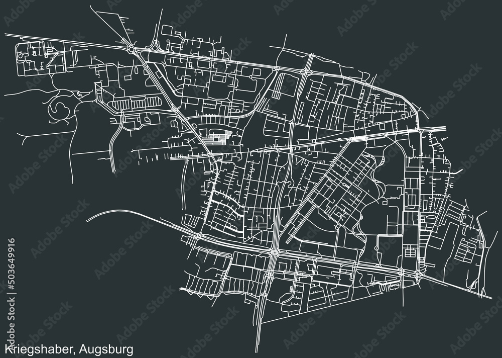Detailed negative navigation white lines urban street roads map of the KRIEGSHABER BOROUGH of the German regional capital city of Augsburg, Germany on dark gray background