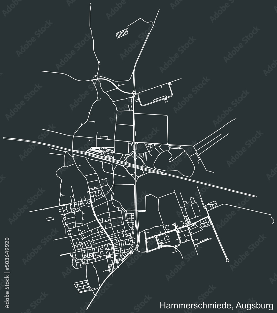 Detailed negative navigation white lines urban street roads map of the HAMMERSCHMIEDE BOROUGH of the German regional capital city of Augsburg, Germany on dark gray background