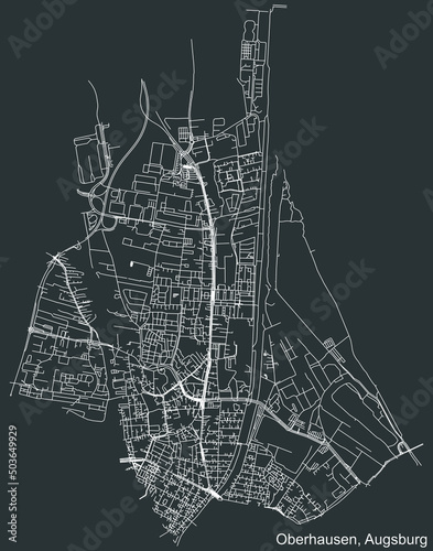 Detailed negative navigation white lines urban street roads map of the OBERHAUSEN BOROUGH of the German regional capital city of Augsburg, Germany on dark gray background