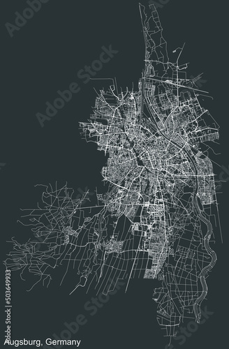 Detailed negative navigation white lines urban street roads map of the German regional capital city of AUGSBURG, GERMANY on dark gray background