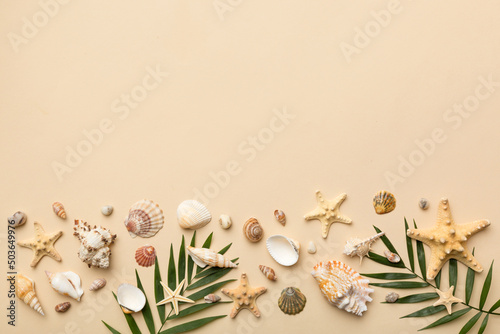 Summer time concept Flat lay composition with beautiful starfish and sea shells on colored table, top view with copy space for text photo