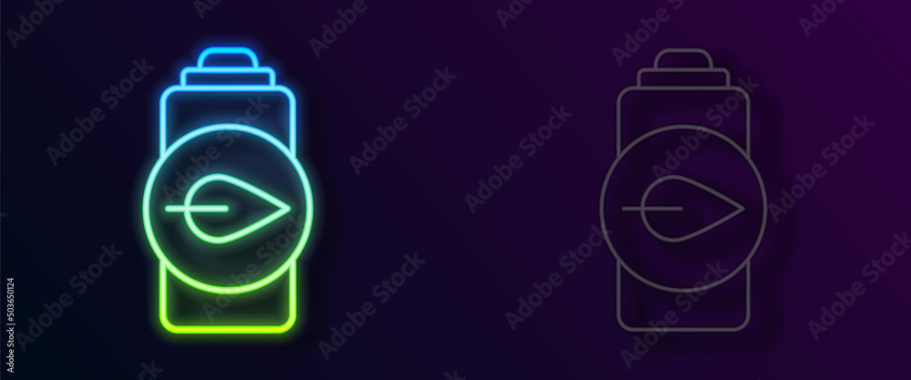 Glowing neon line Eco nature leaf and battery icon isolated on black background. Energy based on ecology saving concept. Vector Glowing neon line Eco nature leaf and battery icon isolated on black background. Energy based on ecology saving concept. Vector
