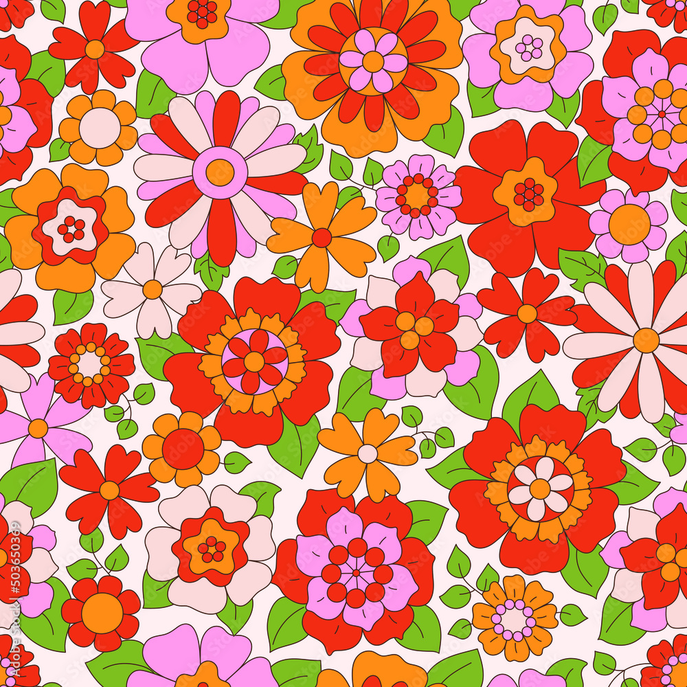 Retro seamless pattern. Textile design with different flowers. Hippie print. Vintage style 60s 70s. Vector illustration.