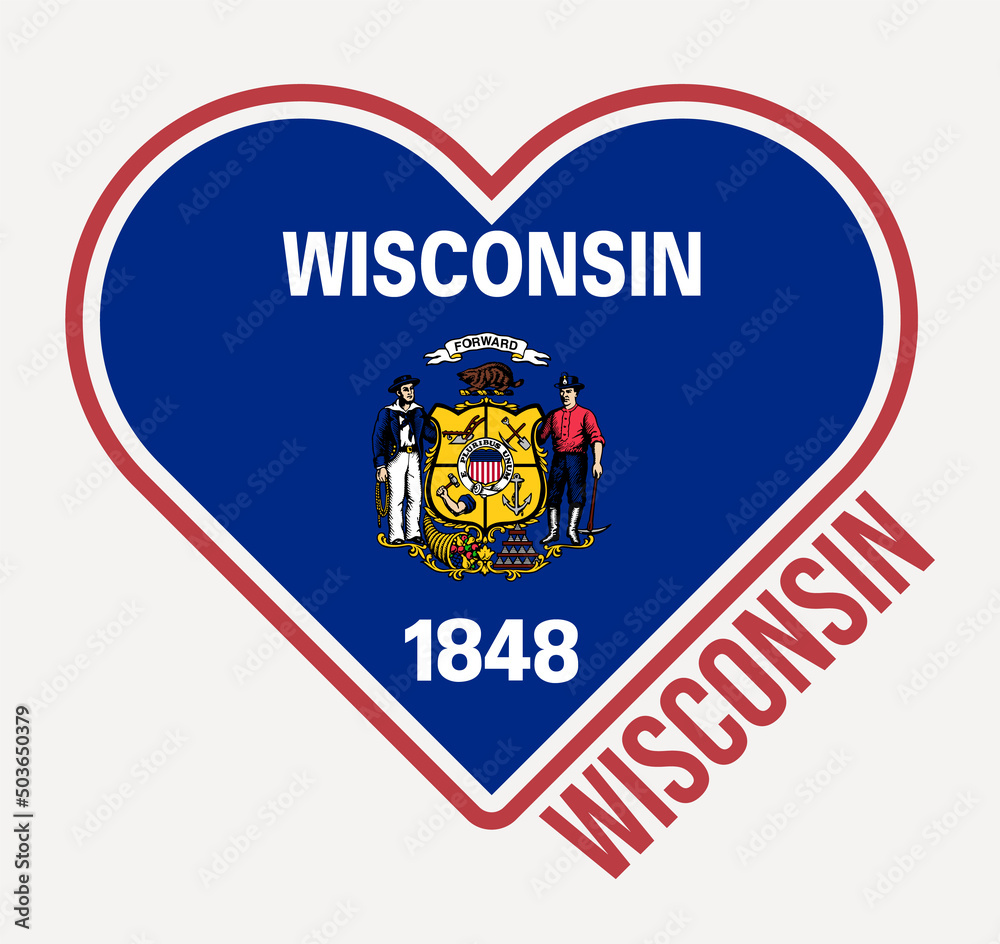 Wisconsin heart flag badge. Made with Love from Wisconsin logo. Flag of the US state in a heart shape. Vector illustration. Wisconsin heart flag badge. Made with Love from Wisconsin logo. Flag of the US state in a heart shape. Vector illustration.