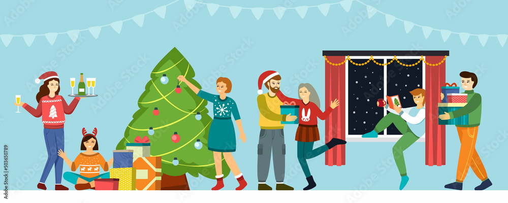 xmas celebration background. happy family celebrate new year kids with gifts near christmas tree. Vector cartoon xmas celebration background. happy family celebrate new year kids with gifts near christmas tree. Vector cartoon