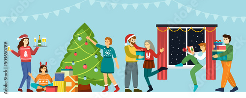 xmas celebration background. happy family celebrate new year kids with gifts near christmas tree. Vector cartoon