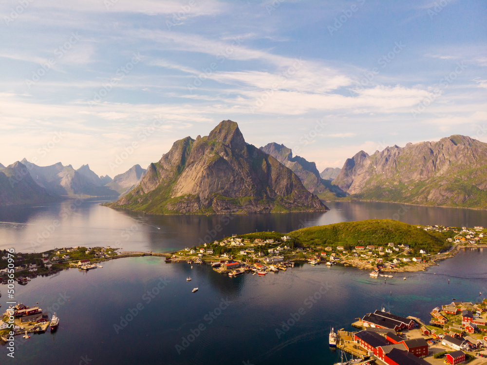 Naklejka premium Fjord and mountains landscape. Lofoten islands Norway