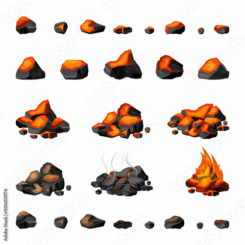 fire place stones. warm hot burning coal glowing natural energy. Vector pictures