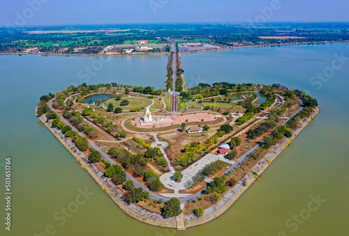 Aerial view of the holy heart land, a heart shape island in Thung Talay Luang, Mueang District, Sukhothai. photo