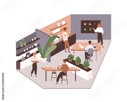 Office life with employees at kitchen and work area. People at meeting and dining tables in company, agency interior. Colleagues communication. Flat vector illustration isolated on white background
