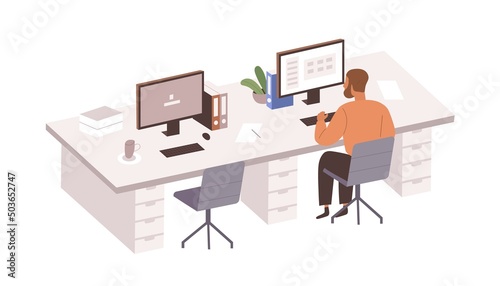 Office workplace with empty chair of absent employee and person working at computer, staying at work alone, replacing colleague left for break. Flat vector illustration isolated on white background