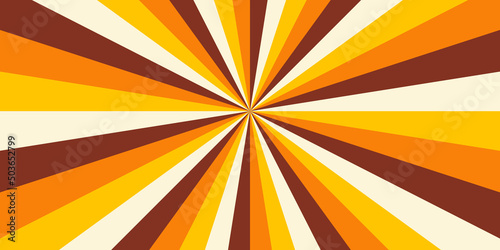 Retro horizontal background with bright rays in the center. Sunburst  in warm yellow, orange and brown colors. Vector illustration