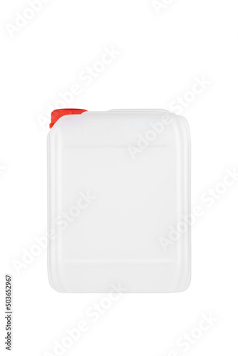 Canister with a liquid substance. White plastic jerrycan with red lid isolated on a white background. Image of a disinfectant, detergent or lubrication product