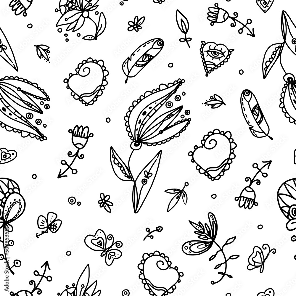 Seamless decorative vector pattern - Fantasy Boho flowers, hearts and butterfly doodles. Outlines, simple dark lines on white background. Seamless decorative vector pattern - Fantasy Boho flowers, hearts and butterfly doodles. Outlines, simple dark lines on white background.