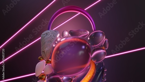 Glowing geometric shapes. Abstract neon background with glowing geometric shapes, objects and natural stone. 3D illustration