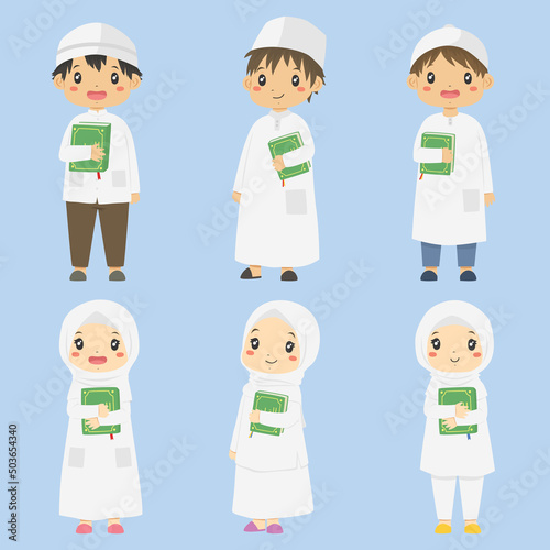 cute set of happy Muslim boys and girls holding Quran, vector illustration.