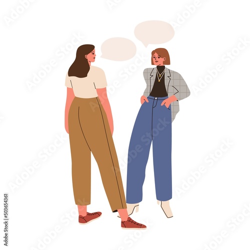 Woman talking, consulting with personal fashion stylist. Dialog, consultation of client and style professional. Girls speaking with speech bubble. Flat vector illustration isolated on white background
